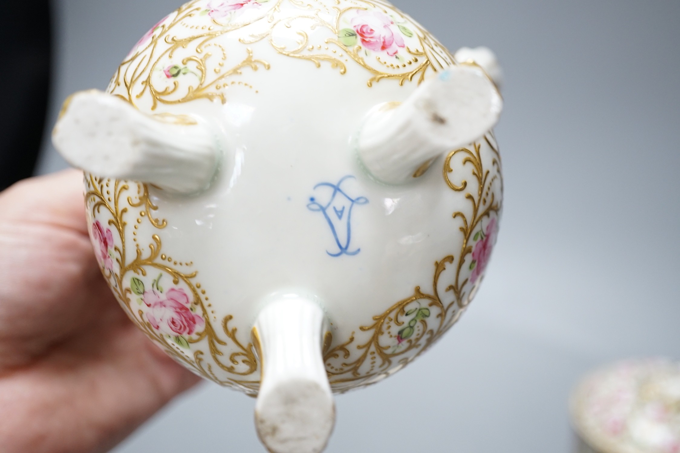 A Vienna porcelain small spittoon, early 19th century, a Sevres style jug, sucrier and pot and a Rudolstadt dish